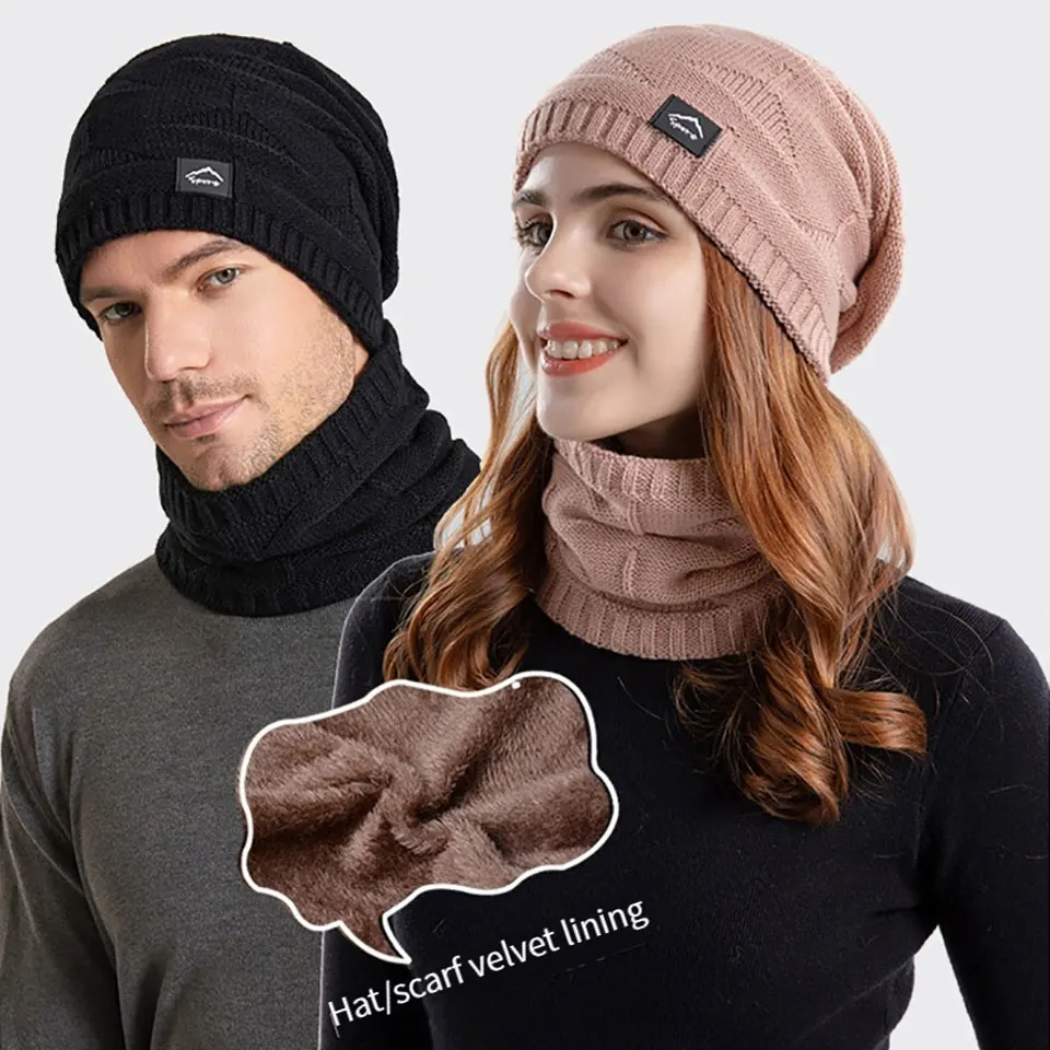 NOFOXO الشتاء قطعتين مجموعة الرجال النساء قبعة وشاح يندبروف سدادات حماية الأذن الصوف بطانة محبوك قبعة صوف البلوز قبعة في الهواء الطلق
