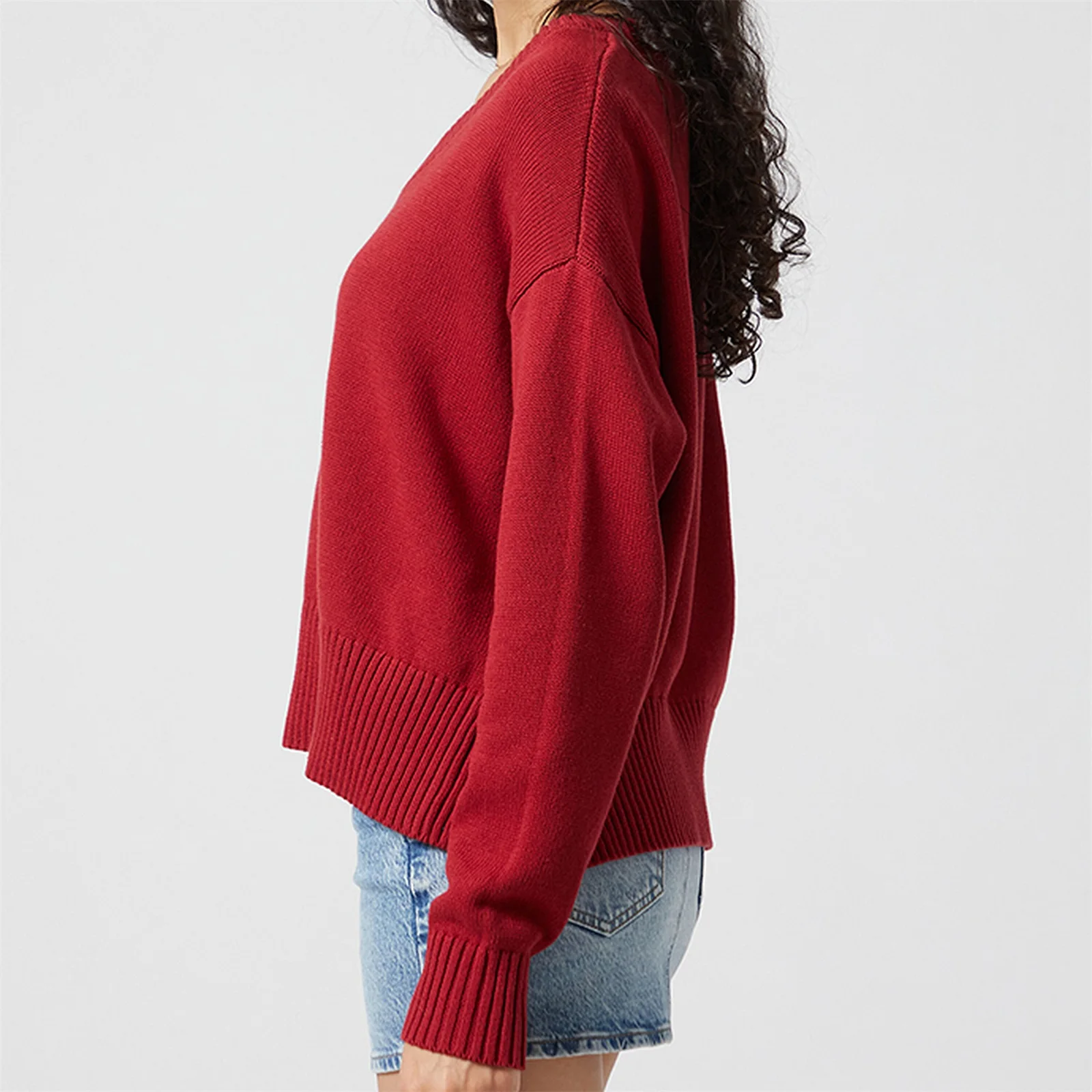Maglione classico da donna con scollo a V Autunno Inverno Top larghi in maglia a maniche lunghe tinta unita casual alla moda