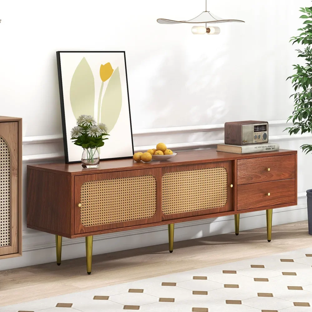 Stilvoller TV-Ständer aus Walnussholz mit 2 Rattan-Schiebetüren und praktischen Schubladen aus dunklem Kunststoff und Rattan – Detail 25