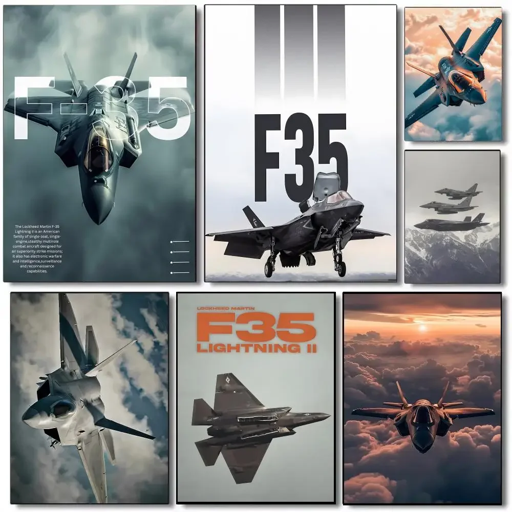 F‑35 Fighter Jet Theme Military Tech Poster Self-adhesive Advanced Aesthetic Printing Paper Wall Art for Living Room Home Decor