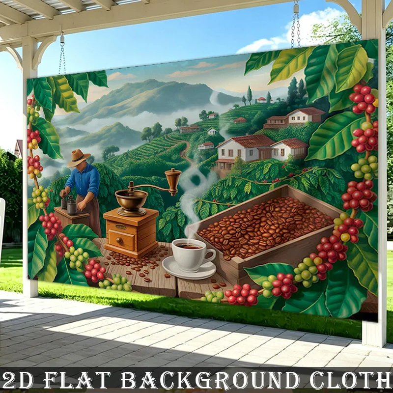 Coffee Plantation Farmer Grinder Beans Mountain 2D Flat Tapestry Backdrop For Cafe Decor Beverage Theme Wall Hanging Art Print