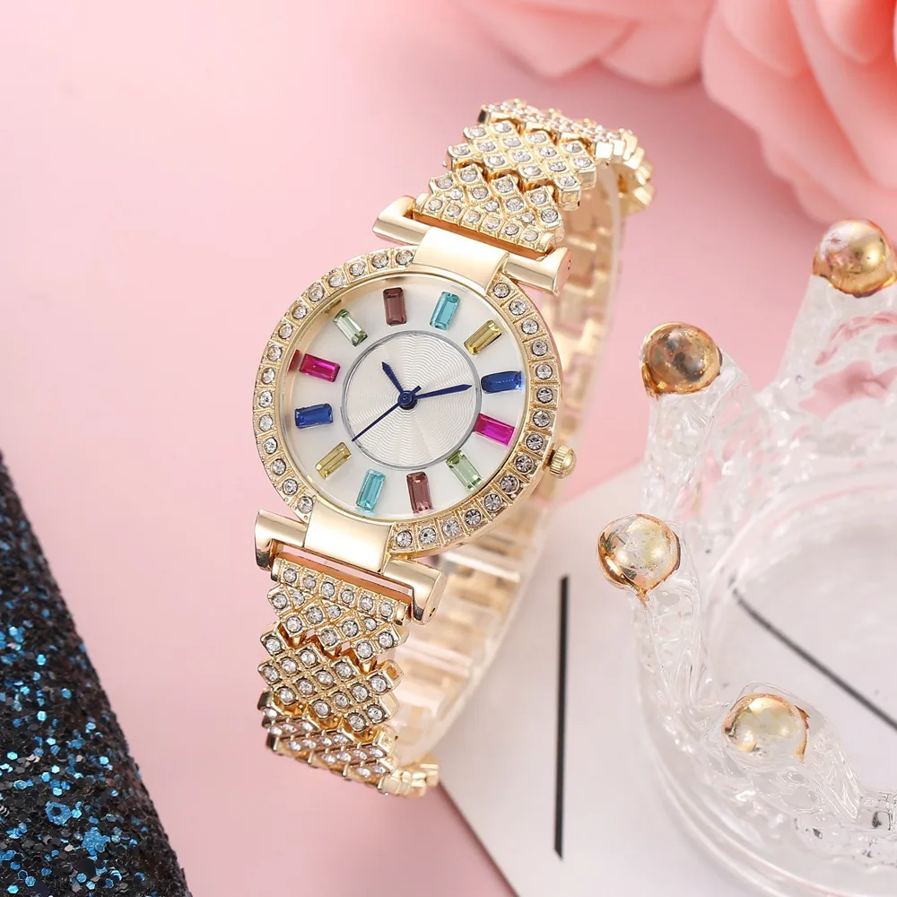 2023 Fashion To Send Girlfriend Students Luxury Color Scale Diamond Temperament Female Steel Strap Large Dial Watch