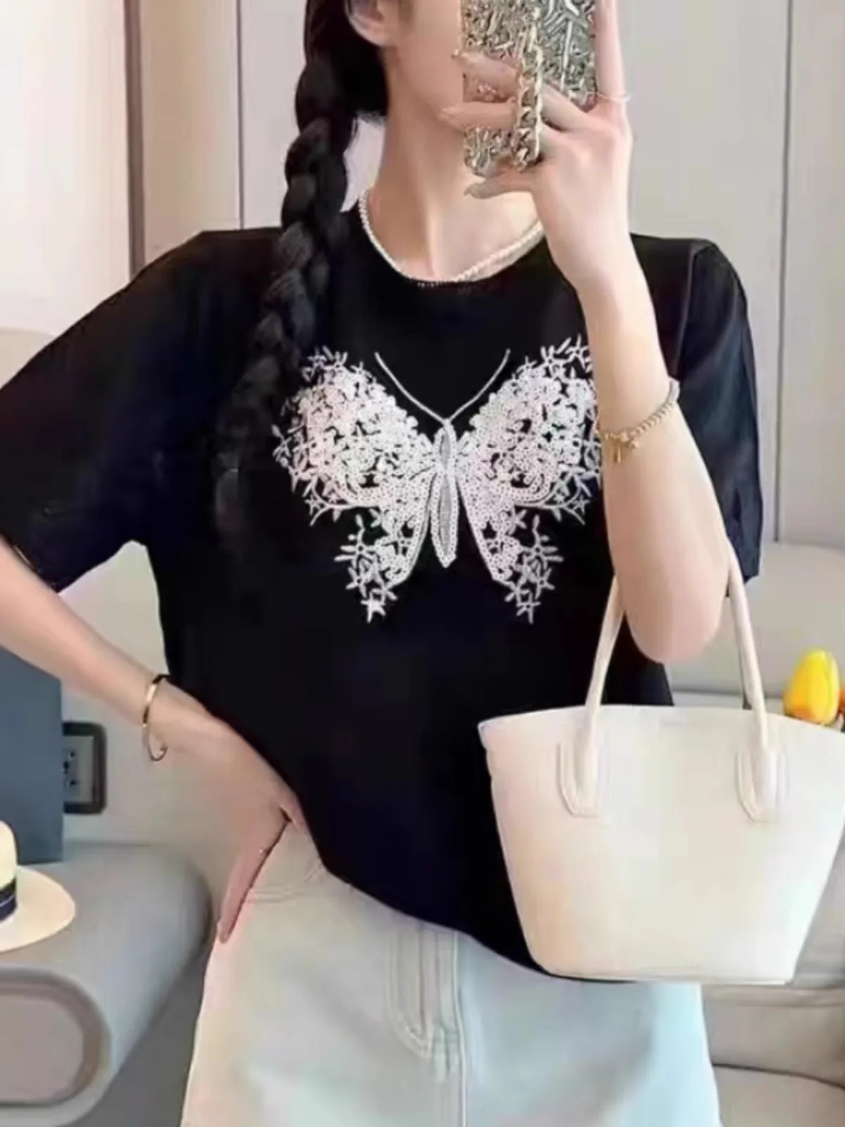 French heavy sequin butterfly knit ice silk short sleeve women's summer round neck shoulder loose T-shirt thin top