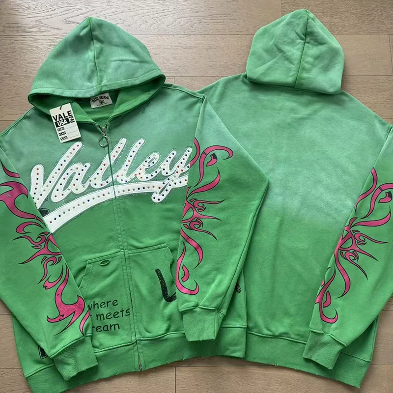 VALLEY Streetwear Full Zip Hoodie Unisex Rhinestone Logo and Flame Print Hooded Jacket