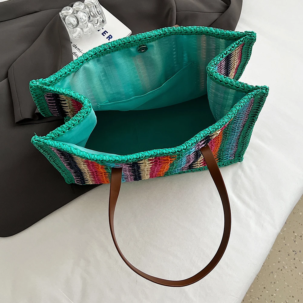

Women Striped Woven Tote Hand-Woven Tote Bag Large Capacity Straw Woven Handbag Handwoven Straw Bag Outdoor Travel Bag