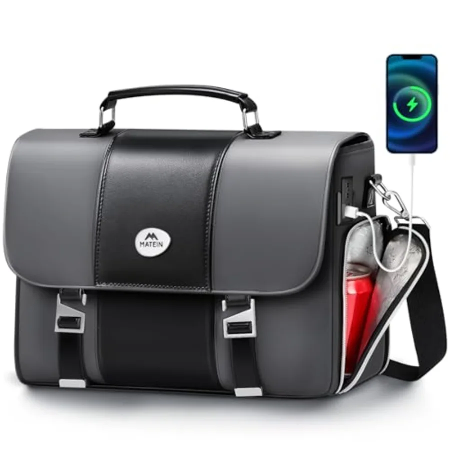 

Mens Business Briefcase 15.6 Inch, PU Leather Messenger Bags Laptop Computer Bag with USB Charging Port and Cooler, Waterproof