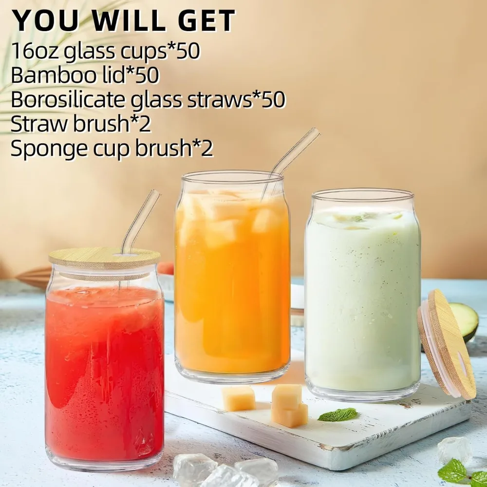 

50 шт. стеклянные чашки с крышками и соломинками, стаканы для питья на 16 унций, стаканы в форме пивной банки