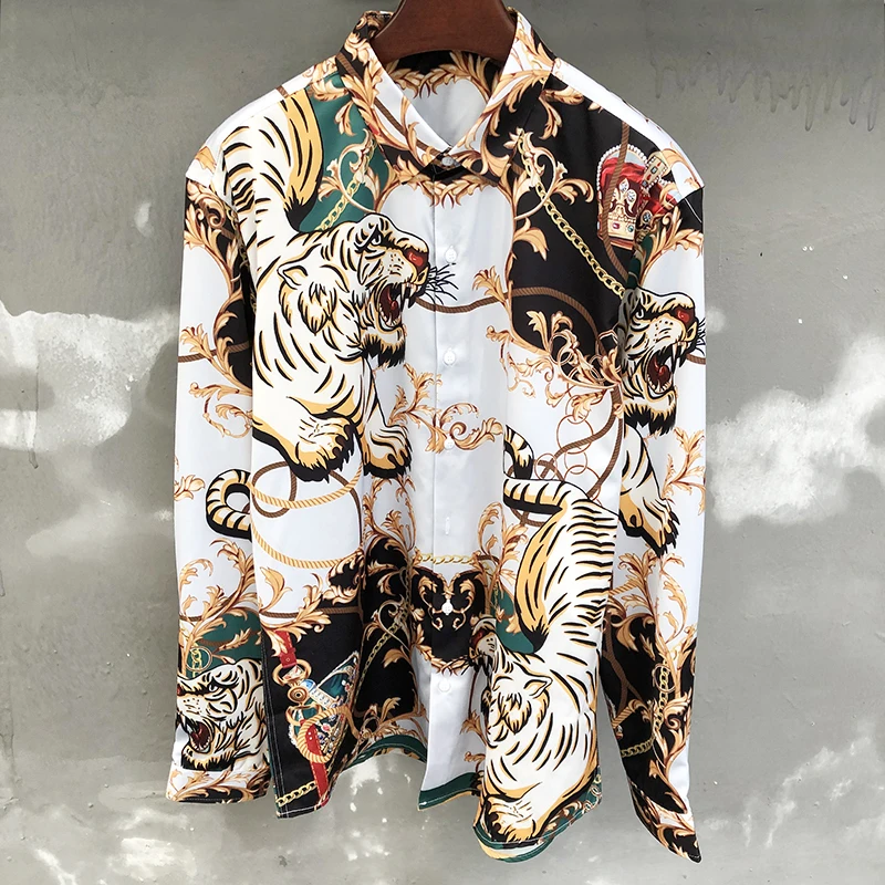 

Italian Vintage Tiger Print Shirt Spring Colorful Casual Social Dress Shirt British Style Men Long Sleeve Shirt Camisa Masculina