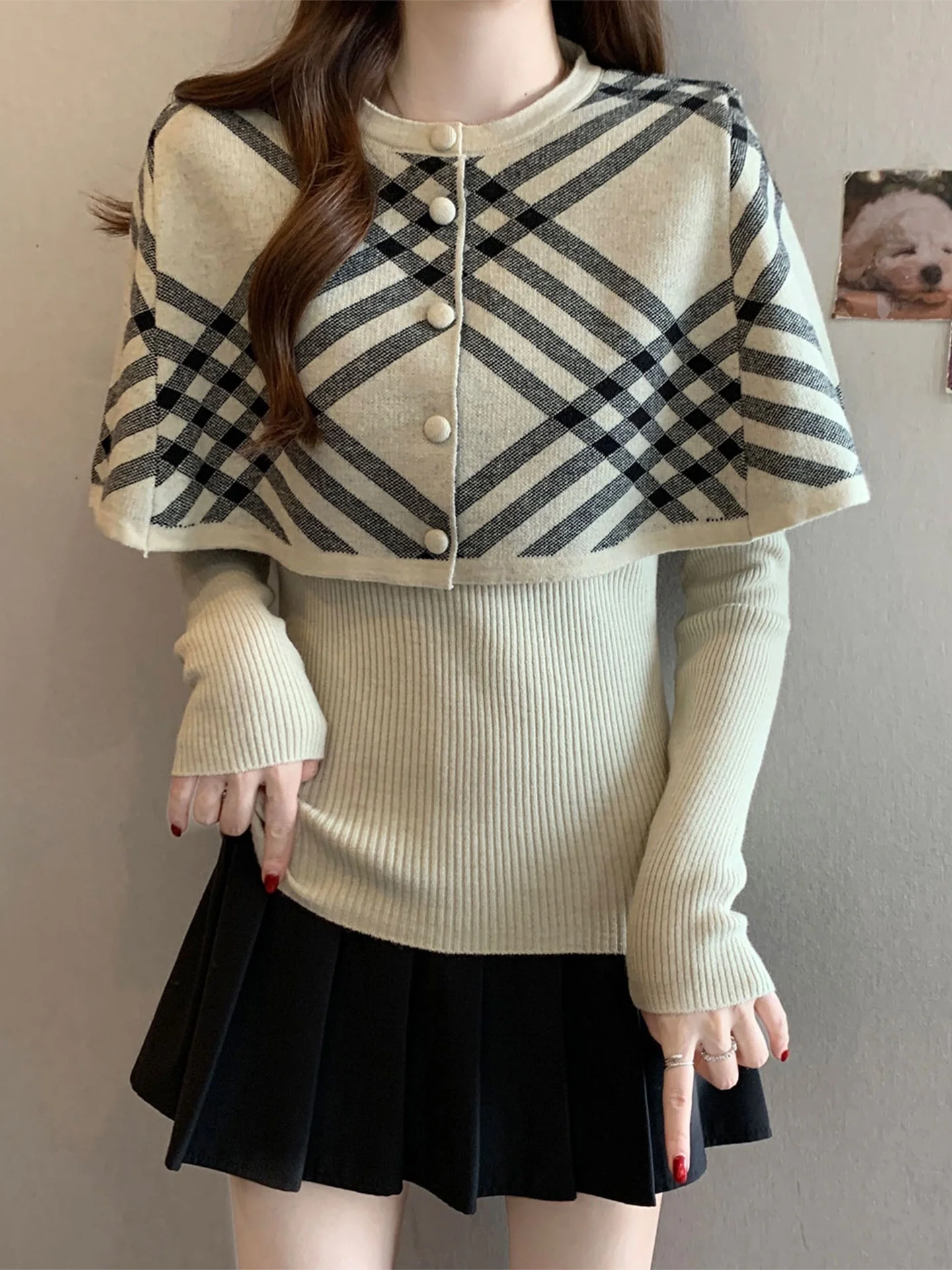 

Женский вязаный комплект из двух предметов с длинным рукавом и воротником-хомутом, облегающий базовый топ, весна 2026, большие размеры, удобный для повседневной носки