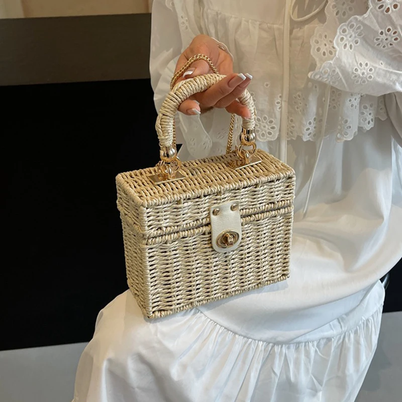 Female Box Tote Bag High-quality Straw Women's Designer Handbag Weave Chain Shoulder Messenger Bag Beach Bag