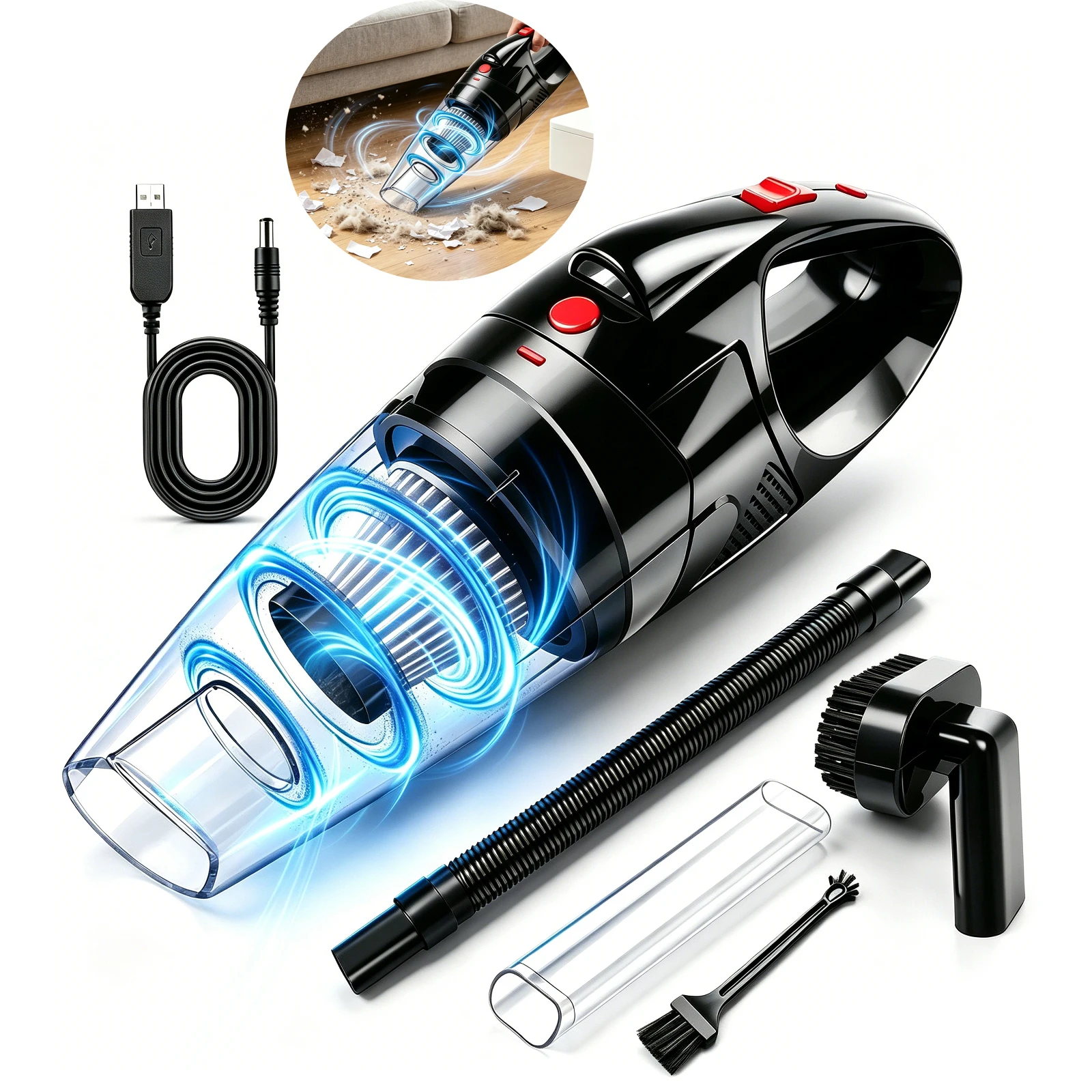 Aspirateur Portatif 3 en 1 sans Fil Rechargeable sans Sac Puissant pour Auto Maison Canapé Tapis Cuisine Poils d'Animaux LED Sec Humide Accessoires Complets Longue Autonomie