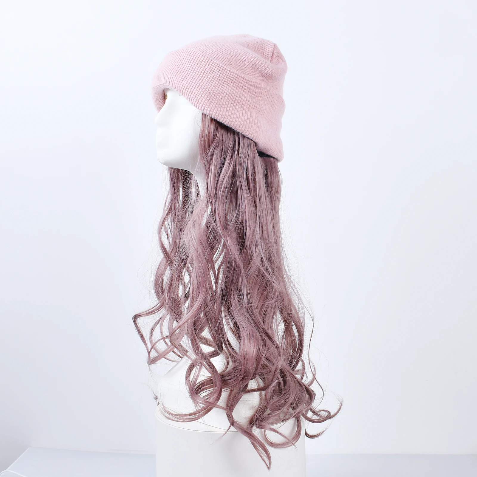 Beanie Hat With Wig Knit Cap Wig Long Water Wave Synthetic Hair Wig For Women Winter Warm Hat Wig