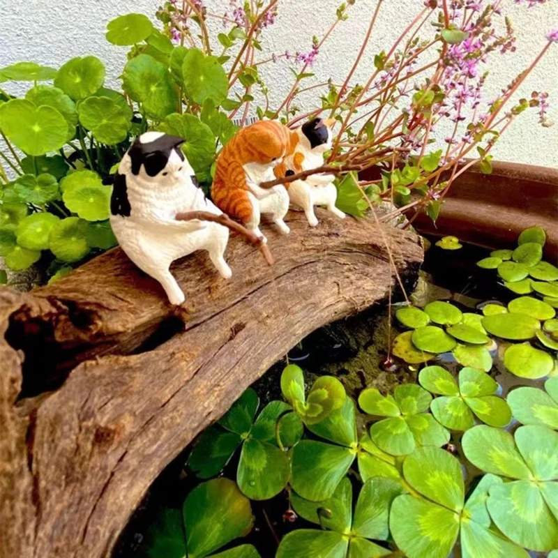 Fishing Cat Ornaments Aquarium Decoration Fish  Landscaping Cartoon Cat Statue Mini Resin Figurine Home Decorations