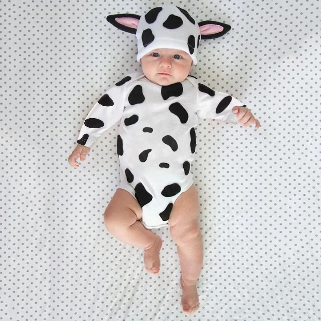 New Baby Bodysuit+cap Infant Baby Girls Boys Cute Blotch Cow Printed Long Sleeve Bodysuit Cartoon Ear Hats Boys Girls Clothes