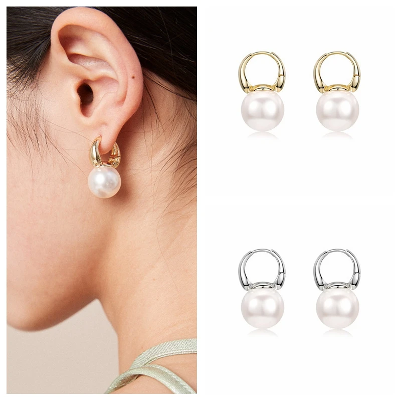 

925 Sterling Silver Ear Needle 10mm Big Pearl pendant Hoop Earrings for women Korea INS Versatile Gold Earrings Fashion Jewelry