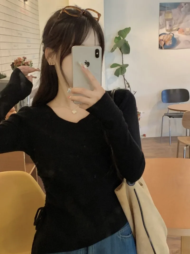 Side Drawstring Bandage Irregular Knit Pullovers S-neck Long Sleeve Casual Slim Jumpers Korean Chic All-match Bottomed Sweaters