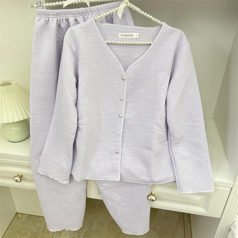 

Air Cotton Long Sleeve Pajamas Set Woman Nightwear Pants Sets Winter Warm Sleepwear Pyjamas Women's Home Clothes Nightie