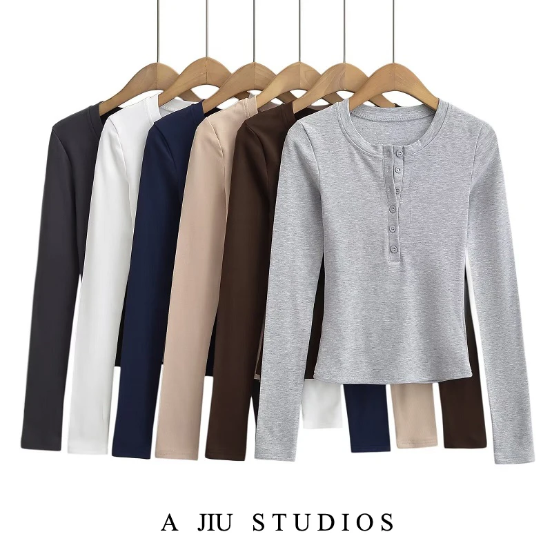 

Женская футболка Slim Fit Long Sve, весенне-осенняя повседневная футболка на подкладке Fce на пуговицах, уличный базовый слой, топ irt