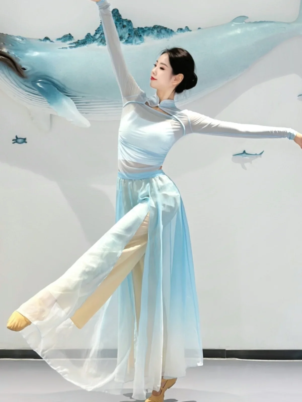 

Классический танец в китайском стиле, синие купальники, брючная юбка для этнических танцев, элегантный женский костюм