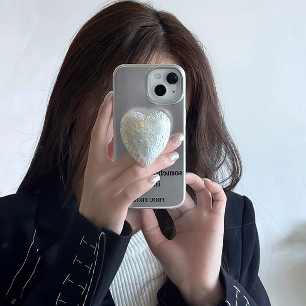 Stylish Plating Silver Black Letters Tin foil Love Heart With Holder Cover Case for iPhone 16 15 14 13 Pro Max Phone Case