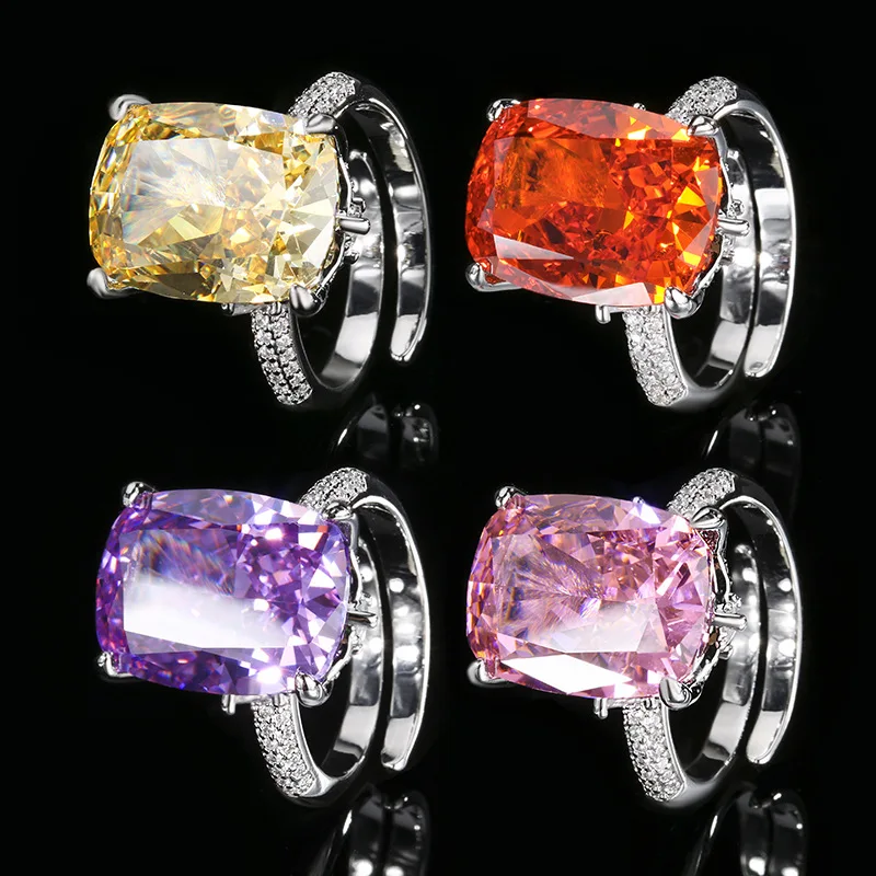 New jewelry with base, gold-plated, high-carbon , ice-flower square diamond, copper inlay, elegant ring for women
