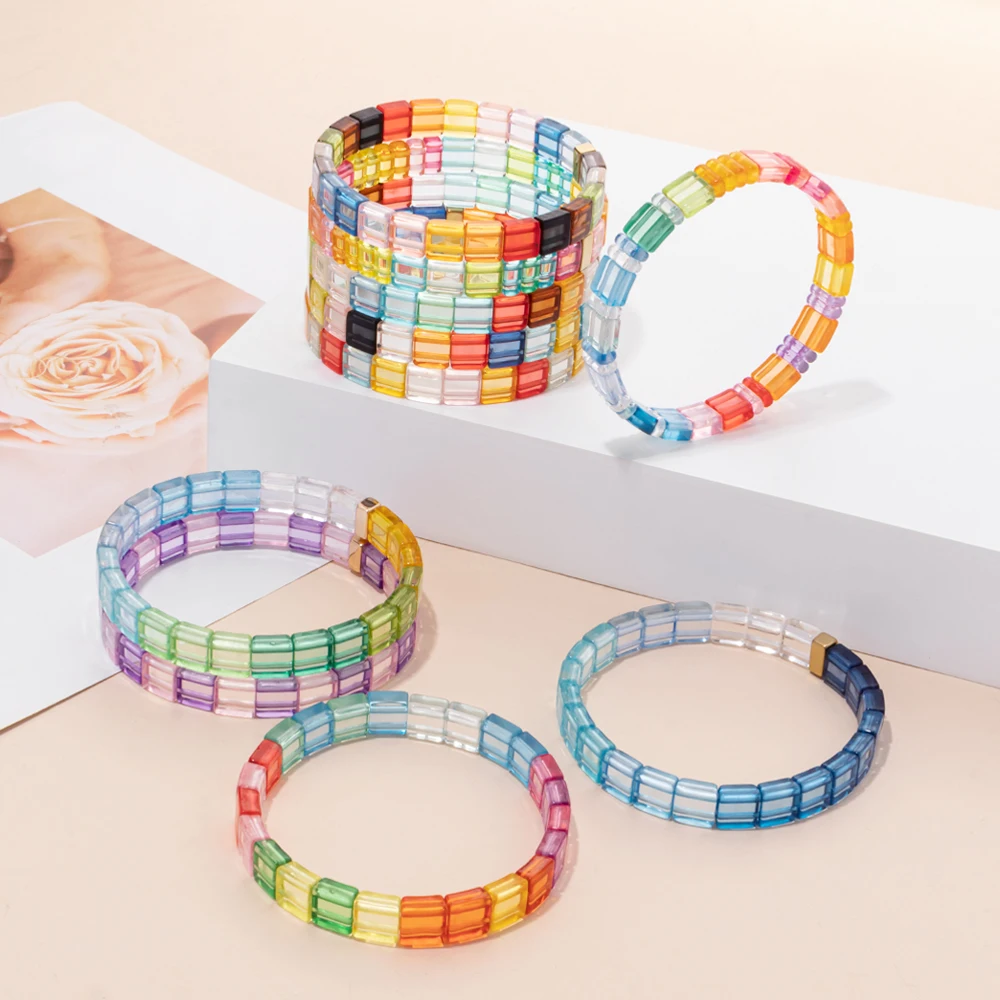 New Design 8X8MM Transparent Acrylic Bracelets For Women Colorful Plastic Beads Elastic Bangle Stretch Beaded Jewelry