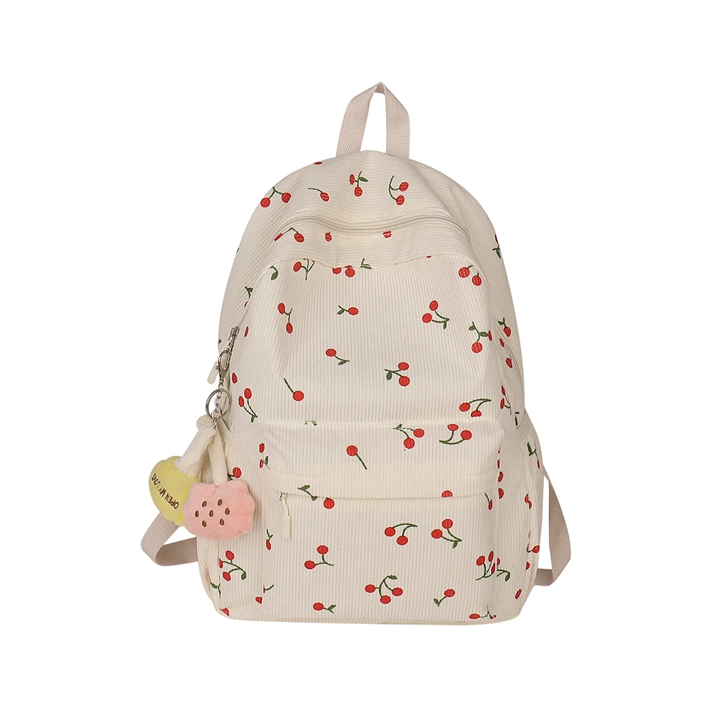 Corduroy Backpack Cherry Pattern Women Cute Book Bag Adjustable Strap Travel Daypack Rucksack for Work Shopping School