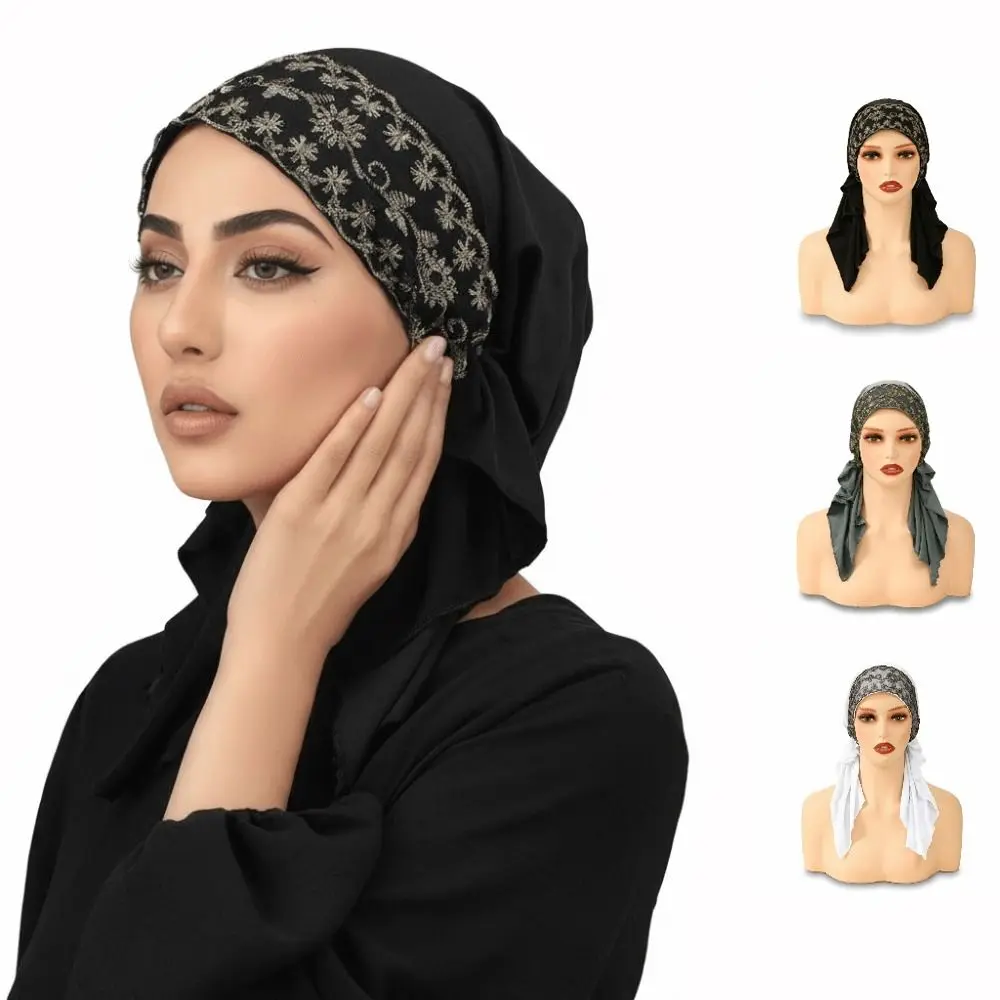 Fashion Elegant Instant Hijab Lace Embroidery Elastic Tie Back Islamic Turban Golden Stripes Undercap for Women