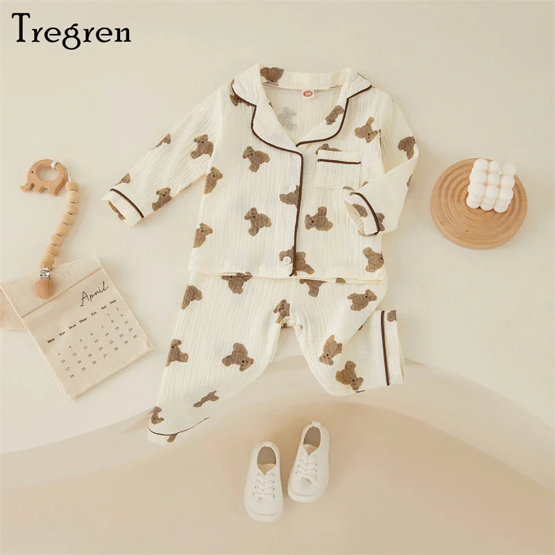 Tregren Kids Girls Casual Pajama Sets Cartoon Bear Printed Long Sleeve Front Pocket Lapel Tops+Printed Long Pants Homewear 1-6Y