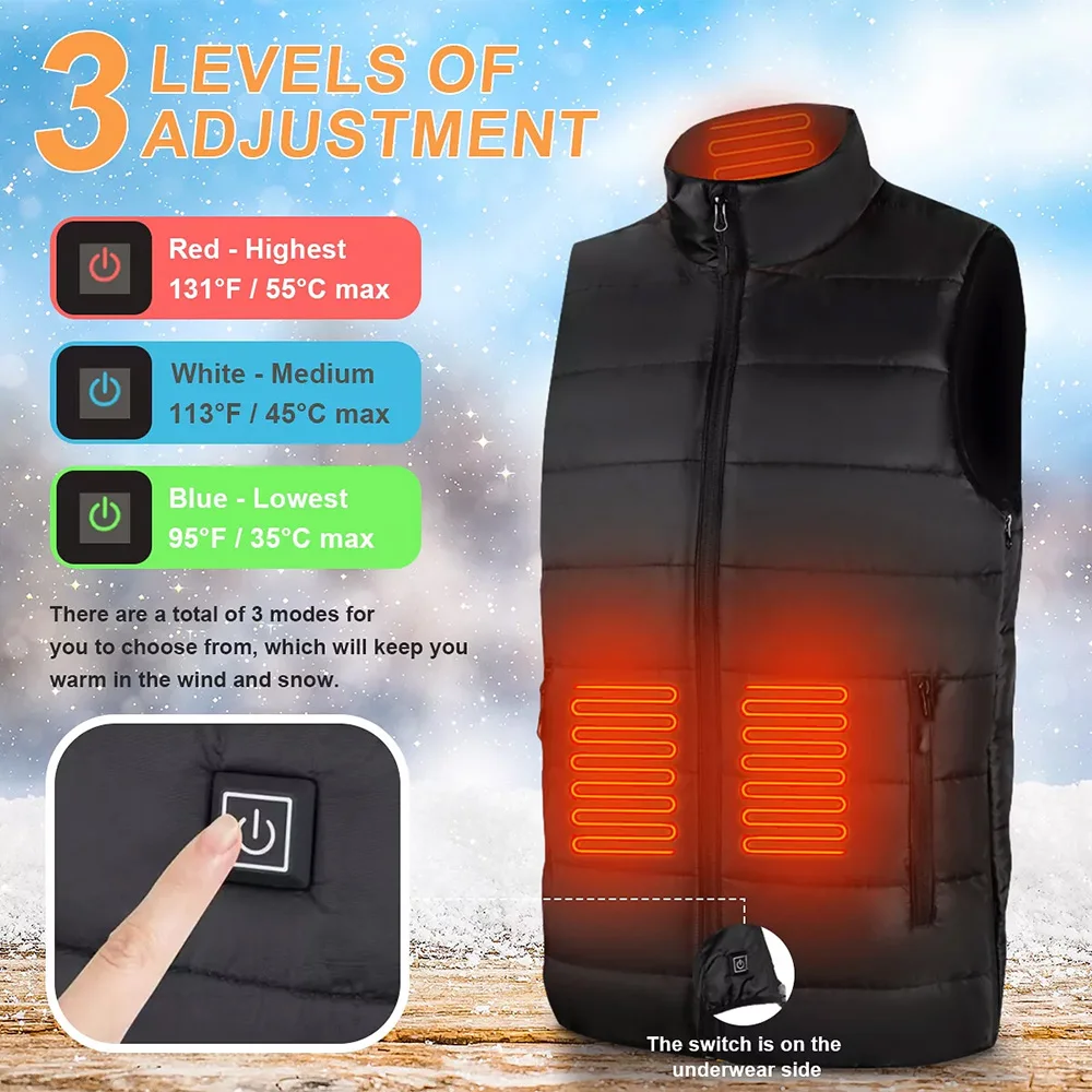 Men USB Electric Heated Vest Jacket 9 Zone Warm Up Heating Pad Cloth Body Warmer