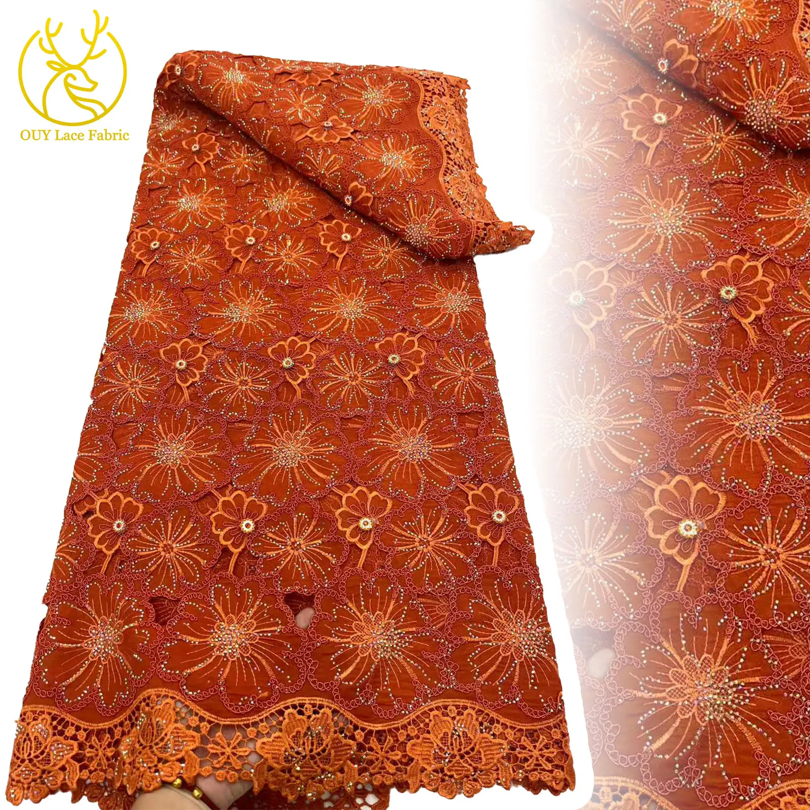 

Orange African Big Gems Guipure Embroidered Lace Lace Fabric 2025 Nigerian Rope Lace Fabric for Sewing Ladies Party Dresses