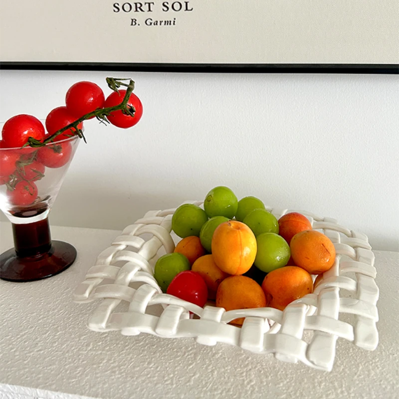 Handmade Ceramic Fruit Tray Ceramic Woven Storage Basket Fruit Plate Desktop Storage Organization Snack Plate Jewelry Dish Bowl