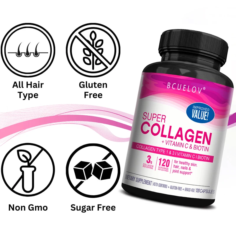 Bcuelov Collagen + Vitamin C + Biotin Supplement - For Skin, Joint Health, Energy Supplement, Immune Support, Non-GMO