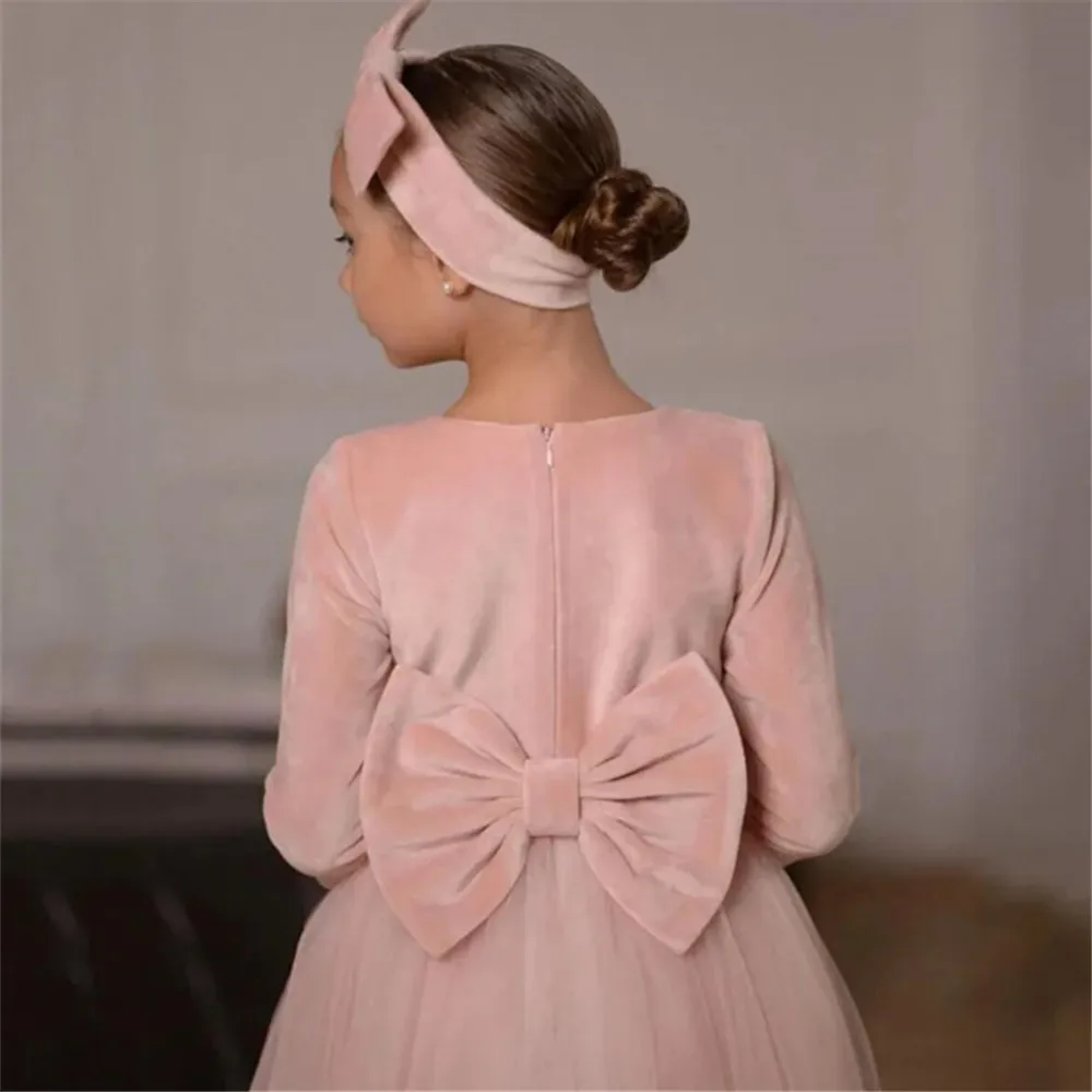 Customized Dusty Pink Flower Girl Dresses For Wedding Velvet 3/4 Sleeves With Bow Elegant Kids Formal Events Birthday Party Gown