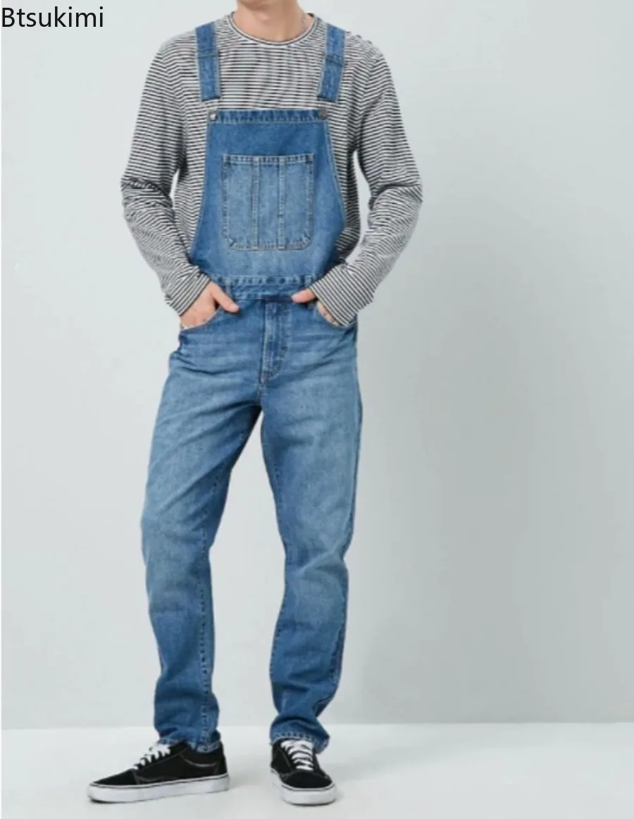 Macacão jeans de bolso múltiplo masculino, costura de botões, jeans com cinta de espaguete, macacão reto retrô, macacão casual, moda, 2024