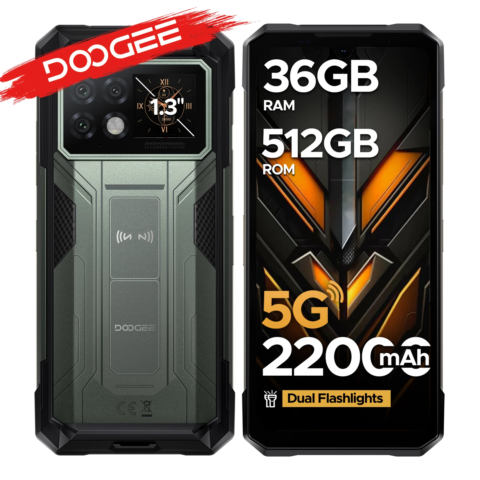 DOOGEE S200 Max 5G Telefono robusto Batteria da 22000 mAh Display posteriore da 1,3 pollici 36 GB (16 +20) 512 GB Torcia a doppia luce 108 MP AI Fotocamera Telefono
