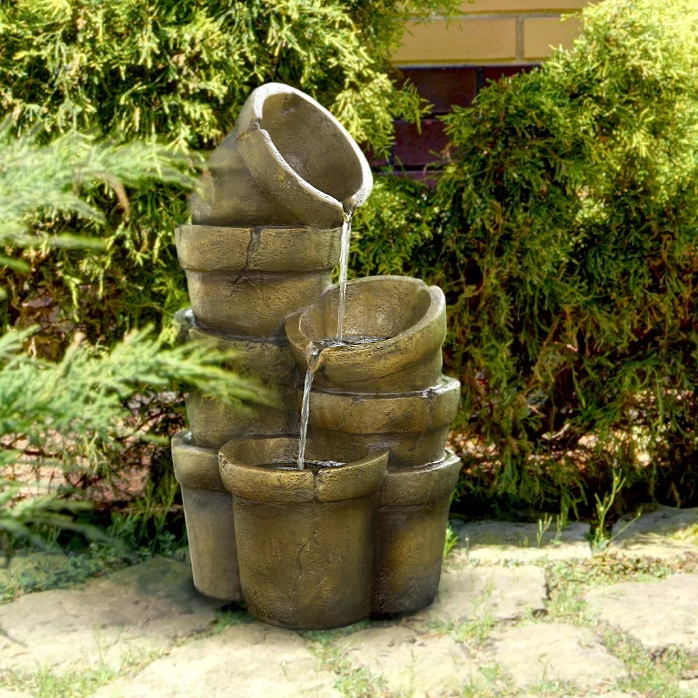 New 3 Tiered Floor Water Glazed Pots Fountain with LED Lights and Pump for Outdoor Patio Garden Backyard