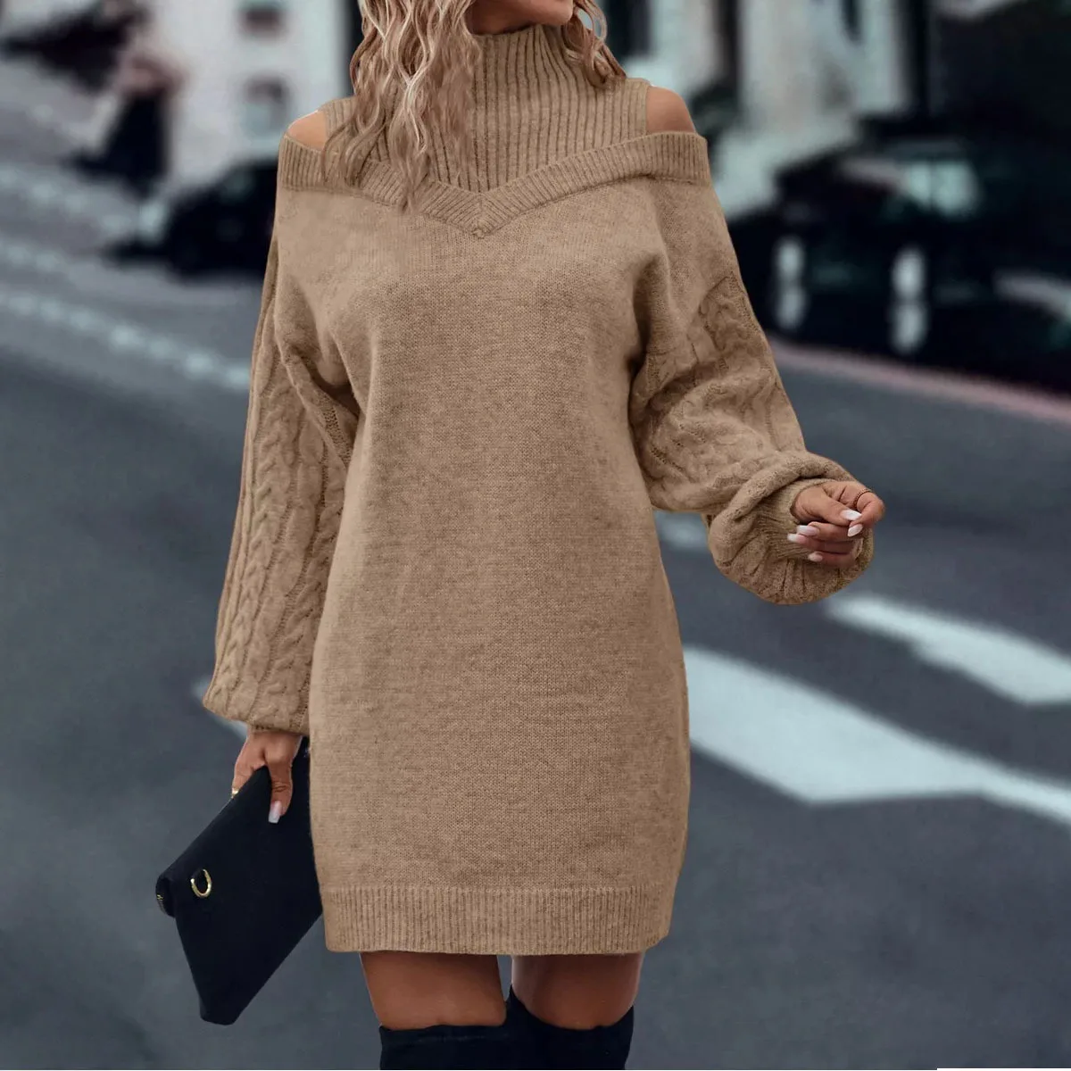 2026 New Women Cold Shoulder Turtleneck Cable Knit Sweater Dress Long Lantern Sleeve Loose Mini Dress Fall Winter Knit Dress