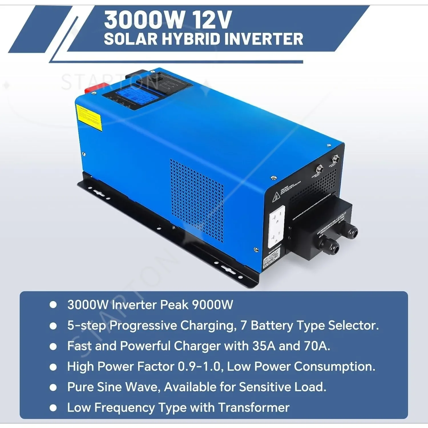 3000W 12V DC Pure Sine Wave Inverter, 9000W Peak, 120V AC Single Phase Output with Battery Charger