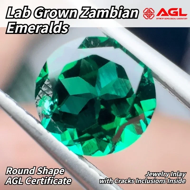 

Best Seller Lab Grown Zambian Emeralds Round Shape with Cracks Inclusions Inside Jewelry Inlay Selectable AGL Certificate