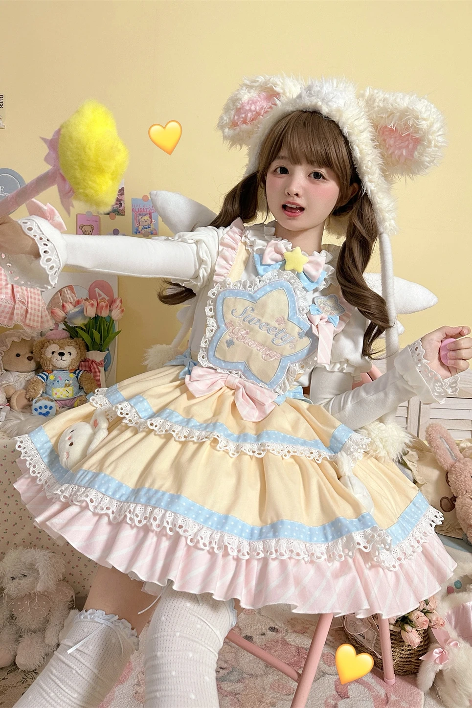 Sweet Lolita Sweetheart Rabbit Bear Cartoon Printing With Apron Bow Sleeveless Lace Ruffles JSK Dress Soft Girly Camisole Dress