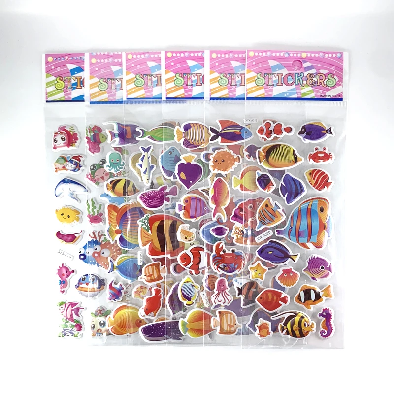 12 Sheets/Set Sea Fish Shark Dolphin Bubble Sticker for Kids Cartoon DIY Scrapbook Stickers Bedroom Decoration Boy Girl Gift