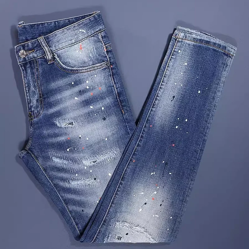Men's Y2K Stretch Slimming Painted Ripple Jeans High Street Fashion Retro Blue Denim Pants Designer Brand Hombre