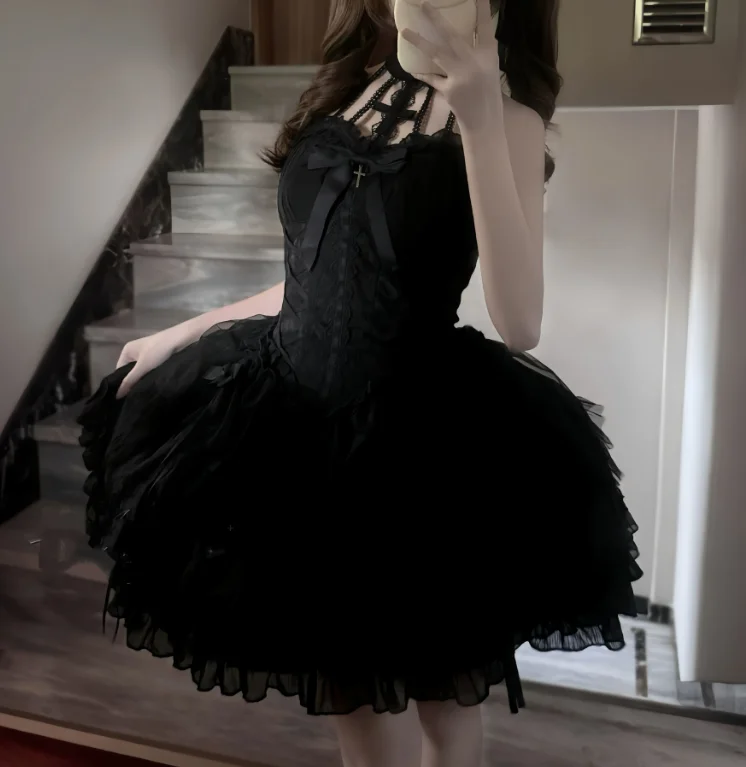 Spring Summer New Elegant Lolita Dark Gothic Halloween Cos Dress Sweet Ballet Fashion High Waist A-lien Halter Neck Dresses