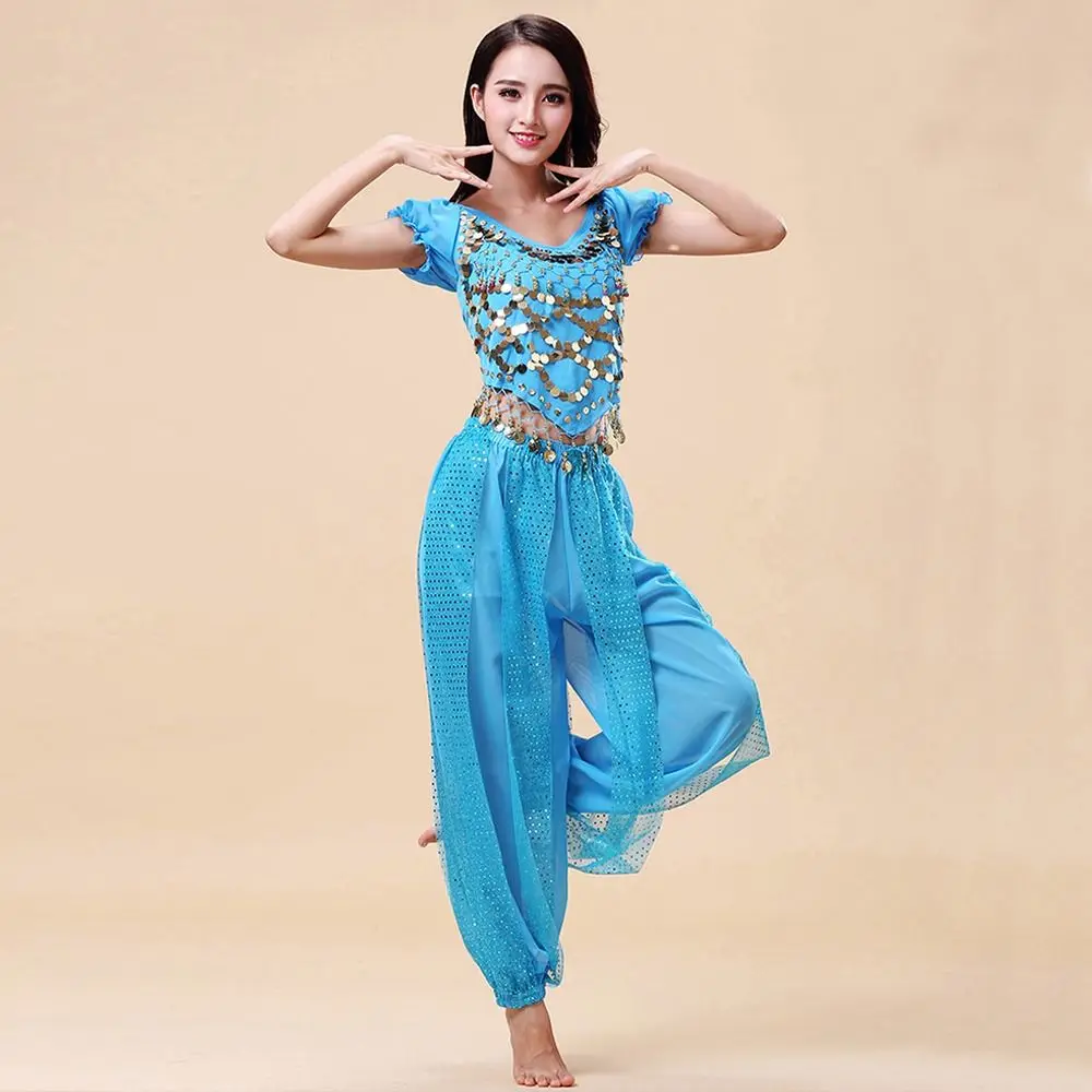 

2Pcs/set Sequin Tassels Belly Dance Costume Set Harem Pants Crop Top Harem Trousers Stage Shiny Dance Wear