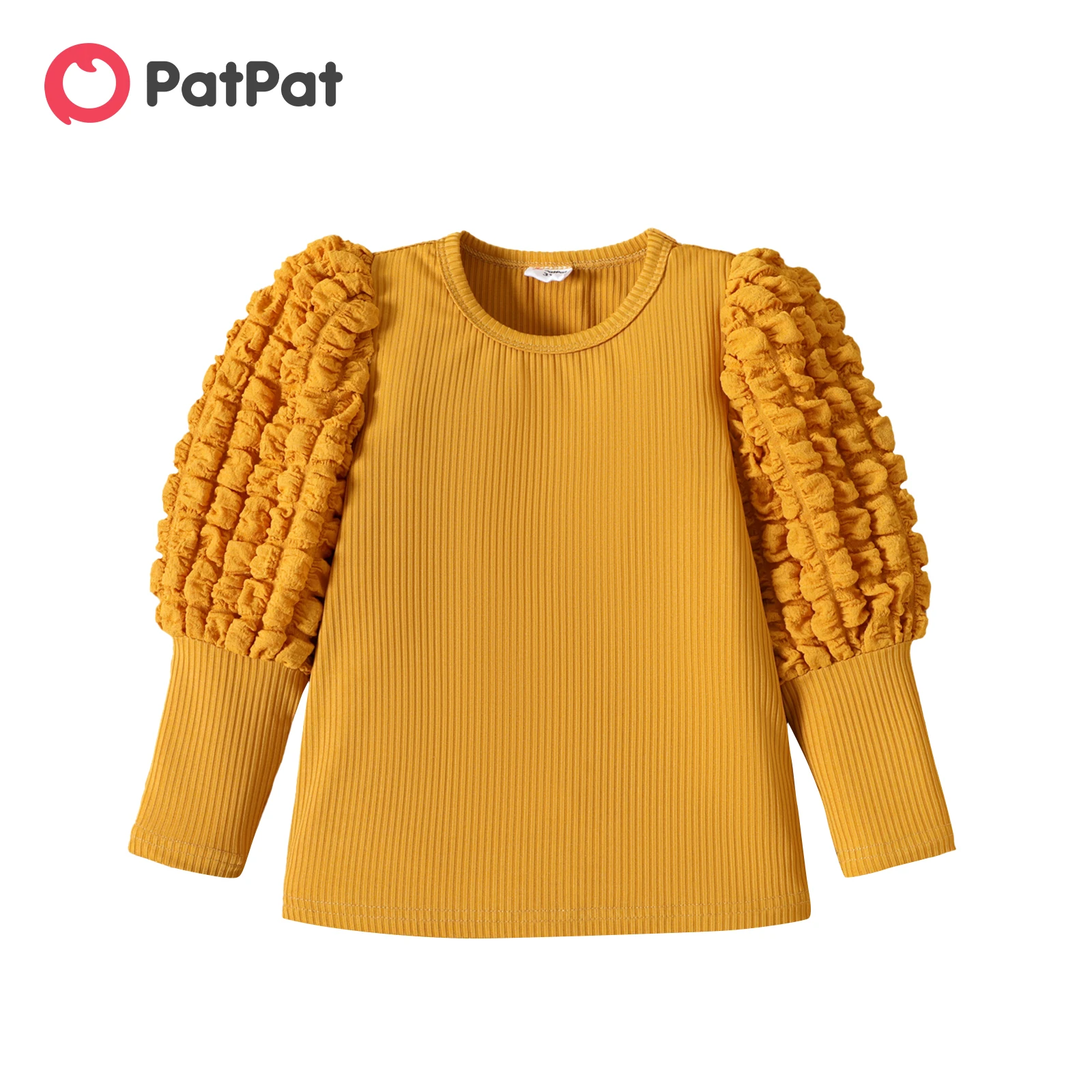 

PatPat Toddler Girl Textured Ribbed Long Puff-sleeve Solid Color Tee