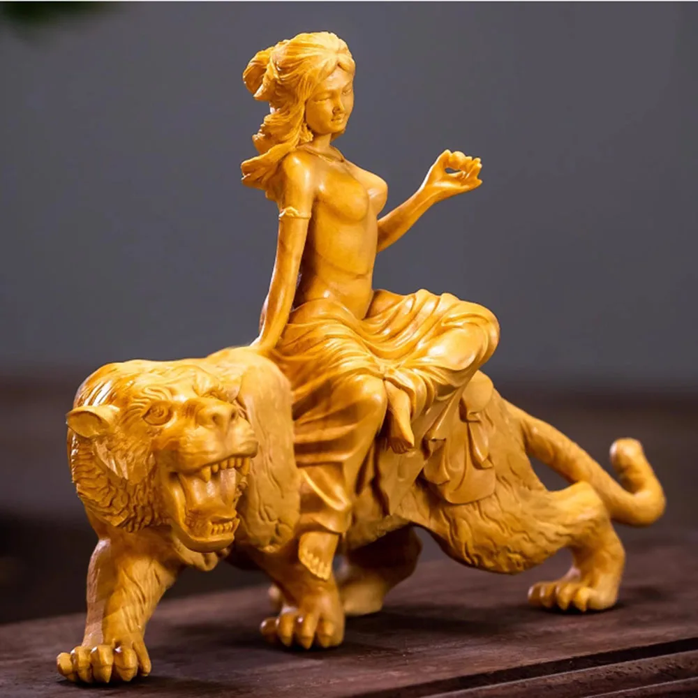 JW101- 15 CM Beauty and Tiger Boxwood Sculpture Beautiful Girl Figurine Mini Statue Birthday Gift