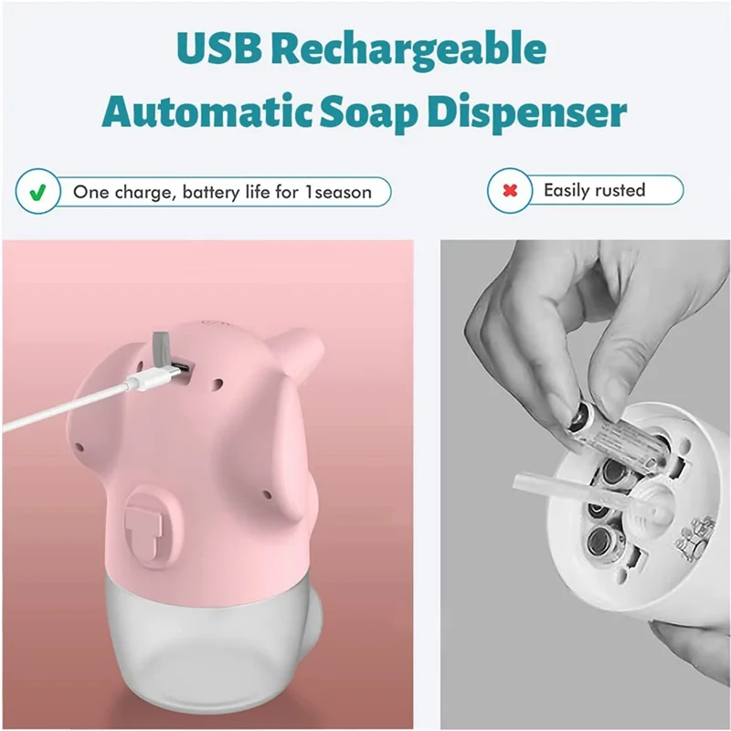 Dispenser sabun otomatis, Dispenser sabun berbusa anak-anak tanpa sentuhan dapat diisi ulang, Dispenser tanpa sentuh hewan lucu (merah muda)