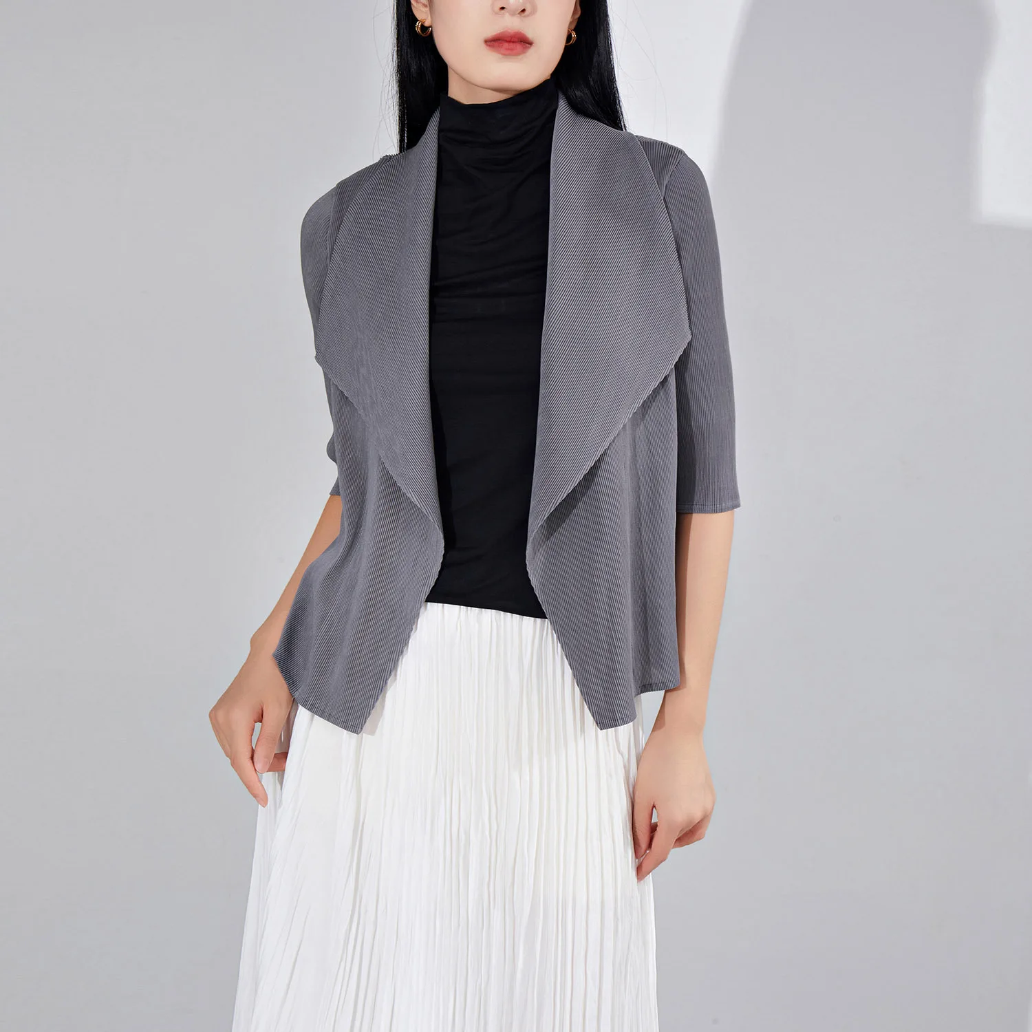 

Women's Casual Loose Folded Collar Jaet Pure Color Autumn Season Versatile ort Sle High-End Feeling Open Cardigan Top