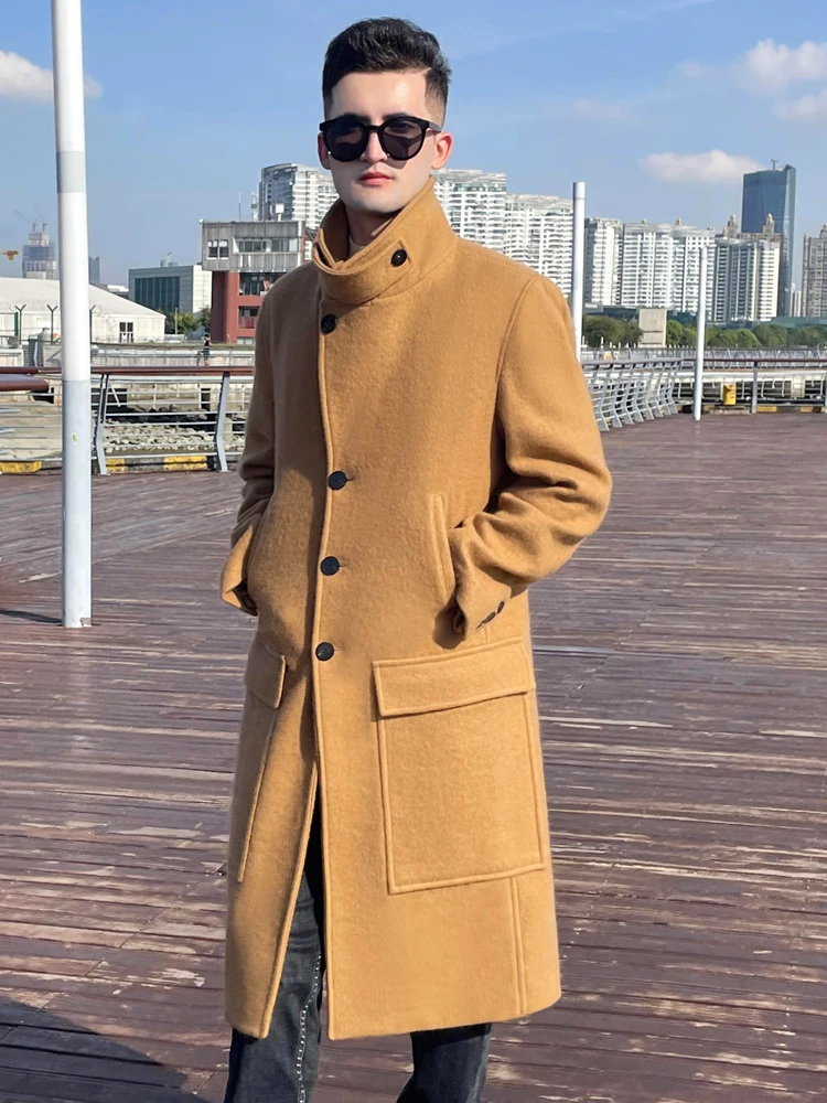 Long over knee wool coat for men British trend double breasted thickened liner neck protection warm autumn and winter coat